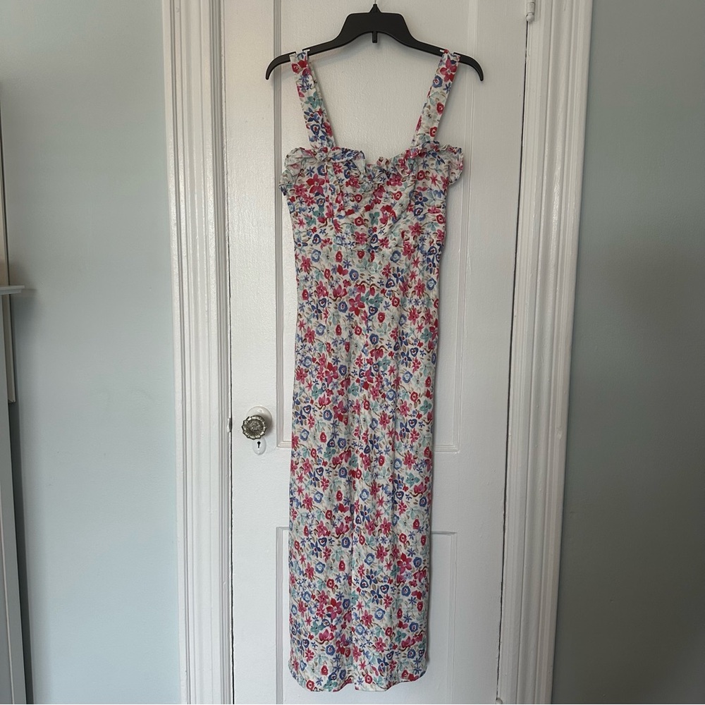 Zara Women’s Small Linen Floral Midi Dress White Blue Flower with Slit NWT